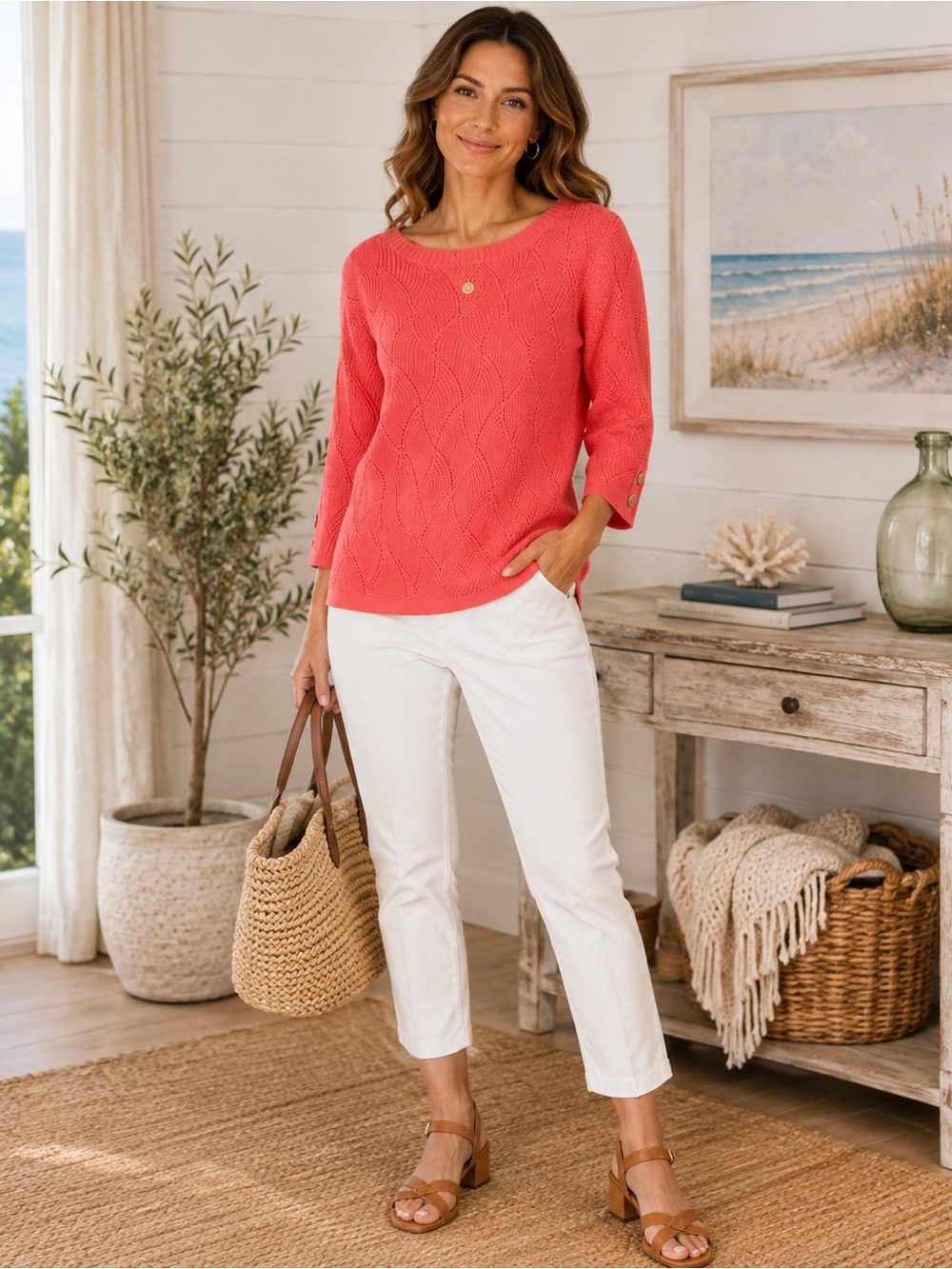 Charter Club Coral Textured Knit Sweater Women’s M 3/4 Sleeve Cotton Top